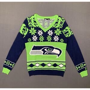 Seattle Seahawks V-Neck Ugly Christmas Sweater NFL Football Pullover Apparel MED